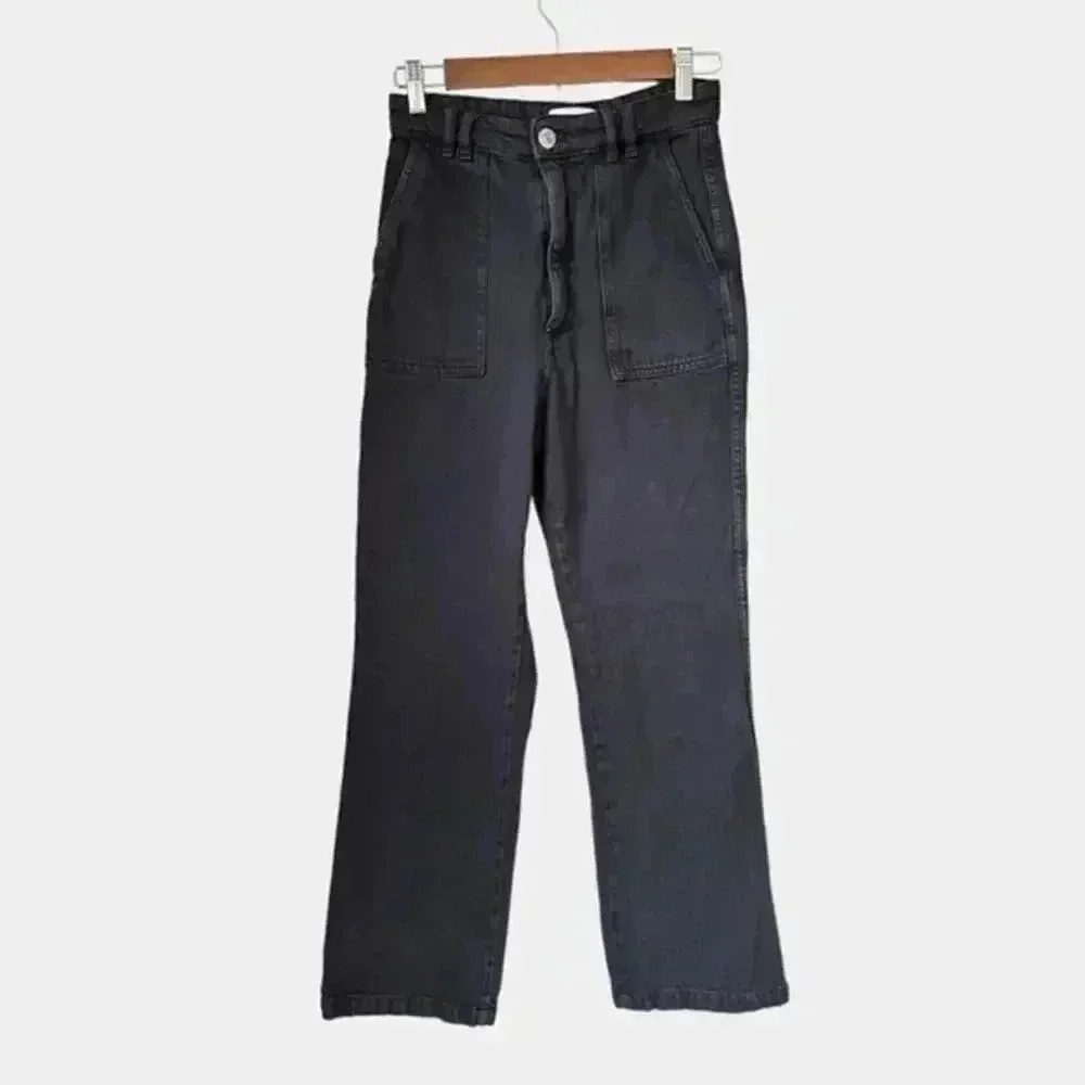 Zara High Rise Wide Leg Crop Jeans Black Denim Women’s Size S Raw Hem